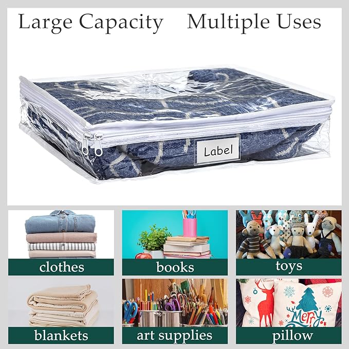Hoolerry 12 Pcs Clear Zippered Storage Bags Pvc Sweater Sheet Organizer Plastic Sheet Storage Sweater Bags With Zipper And Label Pocket Container For Clothes Closet Linen Pillow (14 x 12 x 3 Inch)