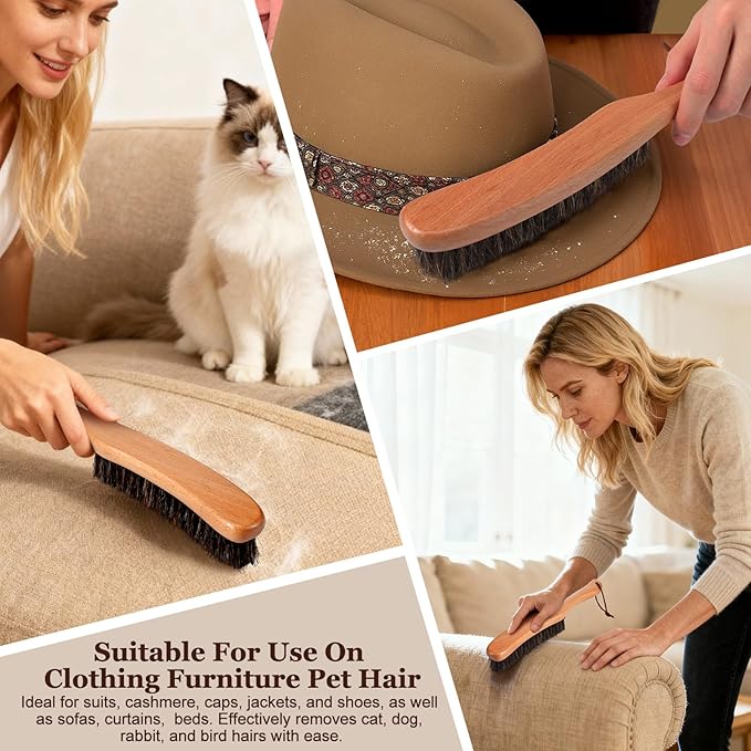 Bokon 2 Pcs Lint Brushes for Clothes with 100% Soft Horse Hair Bristle Beech Wood Handle Natural Reusable Garment Brush Lint Remover for Hat Wool Coats Suits Cashmere Velvet Furniture Pet Hair Shoe