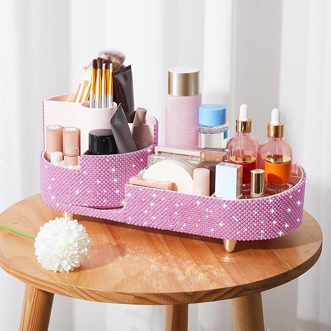 Teen Girls Women Gift 360 Rotating Bling Makeup Organizer Large Rhinestone Diamond Bathroom Organizer Girly Skin Care Brush Holder for Countertop,Bathroom Essentials(Pink,Pearl Rhinestone)