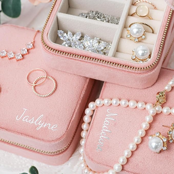 Customizable Compact Velvet Jewelry Box with Mirror, Travel Jewelry Case, Travel Jewelry Organizer, Jewelry Box for Women and Girls, Small Jewelry Organizer (Bottom Right Text, Coral Pink)
