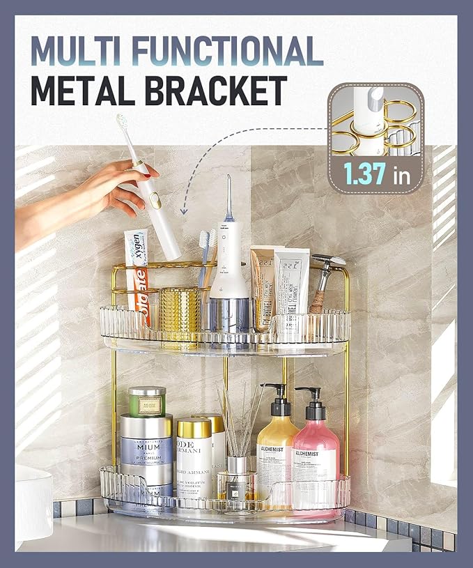 2-Tier Corner Bathroom Organizer Counter - Acrylic Makeup Skincare Organizer with Brush Holder, Perfume Tray for Countertop, Vanity, Dresser, Kitchen(Clear)