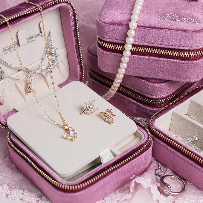 Customizable Compact Velvet Jewelry Box with Mirror, Travel Jewelry Case, Travel Jewelry Organizer, Jewelry Box for Women and Girls, Small Jewelry Organizer (Bottom Right Text, Mulberry)