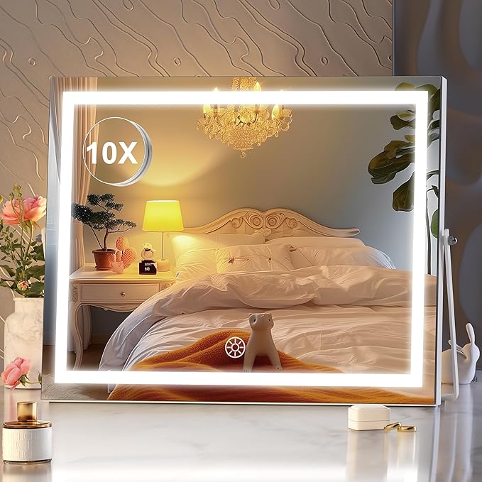 Hasipu Vanity Mirror with Lights, 17.7" x13.8” - 10X Magnification, Smart Touch 3 Color Modes, Brightness Control & 360° Rotation