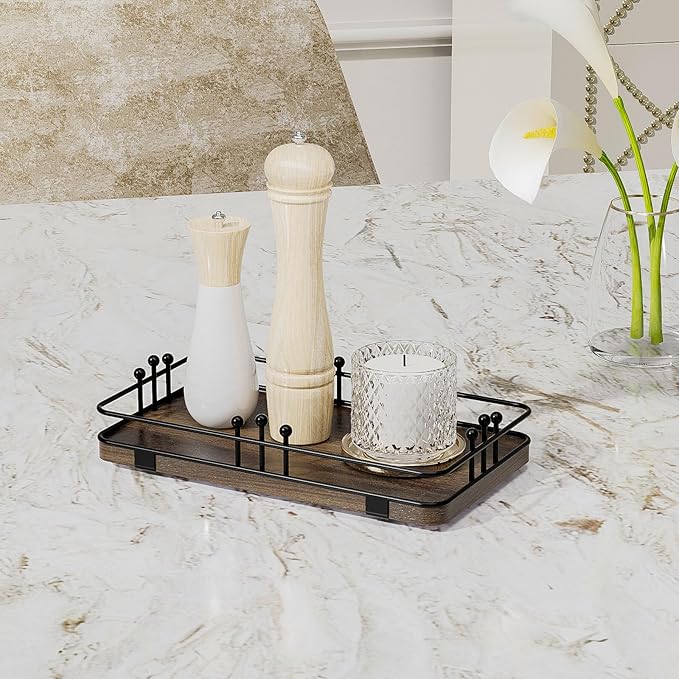 Bathroom Vanity Tray for Toiletries Makeup Perfume Candle Toilet Tank, Kitchen Tray for Soap Dispenser Spice Salt, Small Tray for Countertop Decor Coffee Nightstand 7.9”x4.4” Brown-Black