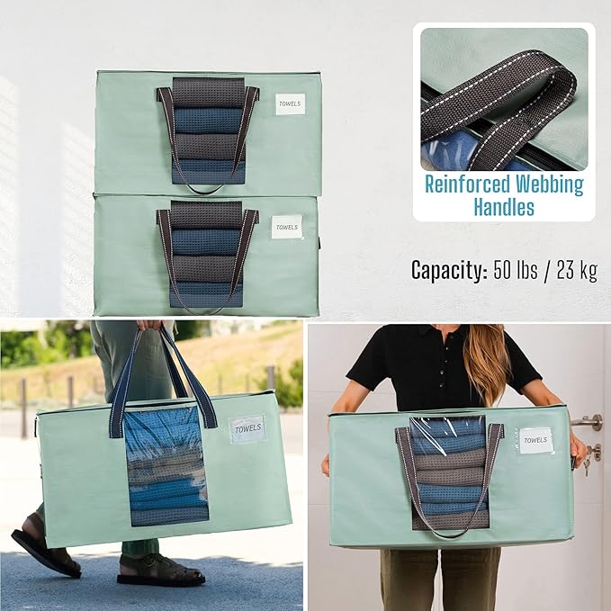 VENO 2 Pack Moving Bags, Christmas Storage Bins, Moving Boxes Alternative, Comforter and Blanket Storage Bags, College Dorm Packing Supplies, Foldable Heavy-Duty Tote (Light Green Matte, 2 Pack)