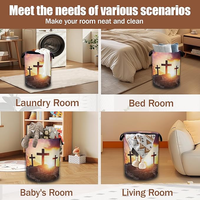 Cross Mountain Sunset Laundry Baskets,Laundry Hamper,Storage Basket with Handles for Bathroom Bedroom College Dormitory Living Room Nursery Organizer 16"x20.8"