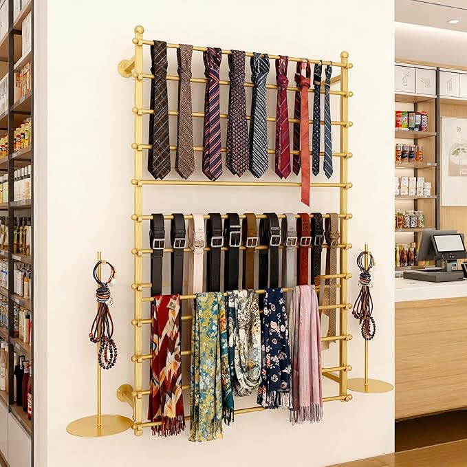 12 Layers Gold Wall Display Stand Wrapping Paper Ribbon Organizer Tie Scarf Rack Belt Towel Holder Spool Hijab Stand Metal Shelving for Home, Retail Stores, Flower Shop, Studio, Sewing-80cm