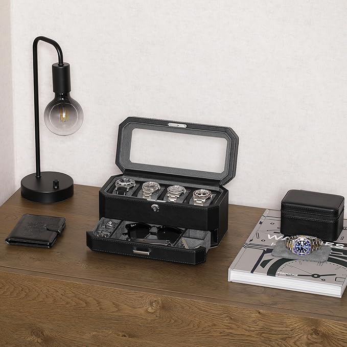 ROTHWELL 4 Slot Leather Watch Box with Valet Drawer - Luxury Case Display Jewelry Organizer, Locking Display Case Holder with Real Glass Top - Watch Box Organizer for Men & Women (Grey)