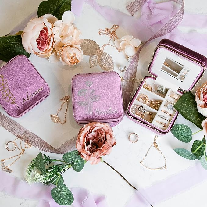 Customizable Compact Velvet Jewelry Box with Mirror, Travel Jewelry Case, Travel Jewelry Organizer, Jewelry Box for Women and Girls, Small Jewelry Organizer (Center Text, Mulberry)
