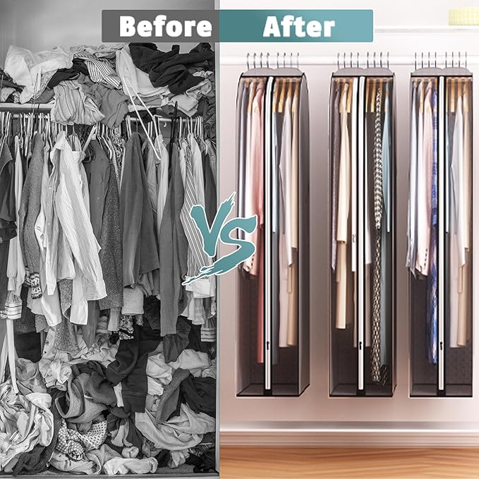 10" Gusseted Garment Bags for Hanging Clothes 50" Suit Bags for Open Closet Storage, Side Clear Clothing Cover for Coat, Dress, Jacket, Shirt, Fur Wardrobe Protector, 3 Packs, Grey