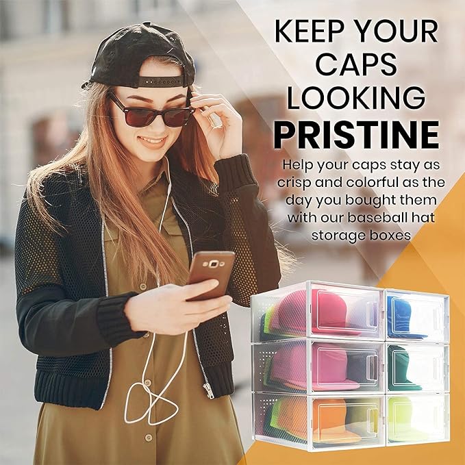 Boxy Concepts Plastic Hat Organizer - 6-Pack, 13" x 5.5" x 9" - Easy Assembly Hat Organizer for Wall - Stackable Transparent Baseball Cap Storage - Space-Saving Cap Holder for Closet