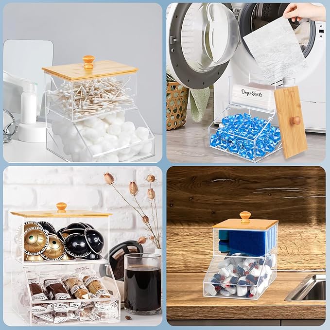 2 In 1 Laundry Pods Container & Dryer Sheet Holder, Acrylic Dryer Sheet Container with Bamboo Lid, Clear Dishwasher Pod Holder with Stickers for Laundry Room, Kitchen, Home