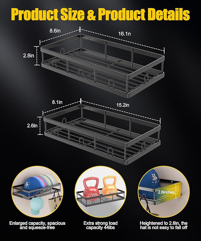 Sunfanie 2 Packs Metal Hat Rack for Wall, Holder with Multiple Hooks, Organizer for up to 40 Baseball Caps, Sturdy Wall Drilled Rack, Storage for Door/Closet, Black