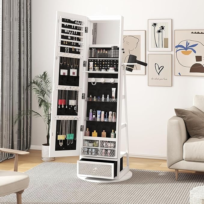 360° Swivel LED Mirror Jewelry Cabinet Standing, Full Length Mirror Jewelry Armoire with Drawer, Standing Jewelry Organizer, Foldable Makeup Shelf, White