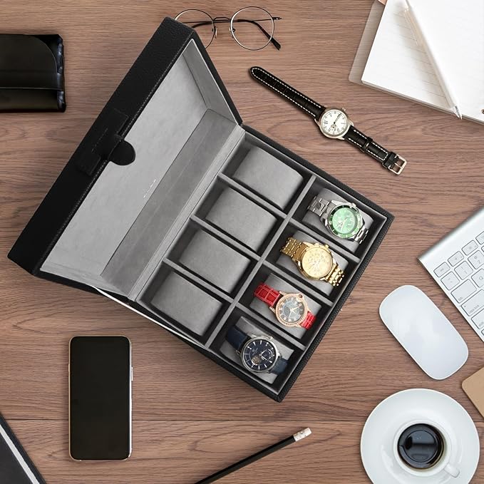 SANZIE 8-Slot Watch Box for Mens Watch Case with Removable Watch Pillows, Watch Holder Organizer Watch Storage with Grey Lining & Black Synthetic Leather (Black)