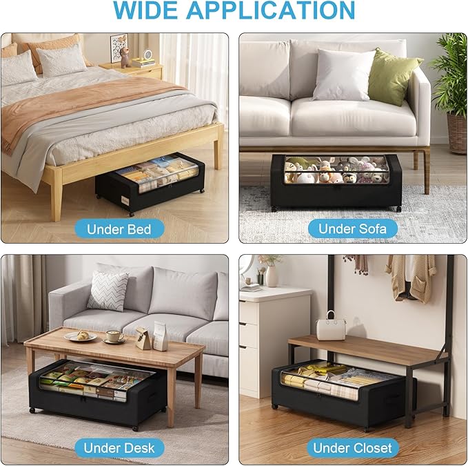 Under Bed Shoe Storage Organizer, 10 Inch Rolling Underbed Drawers for Clothes, Blankets, Winter Clothing & Shoes - Metal Frame Storage Bins with Handles, Dual Zippers, Clear Window 2 Pack Black