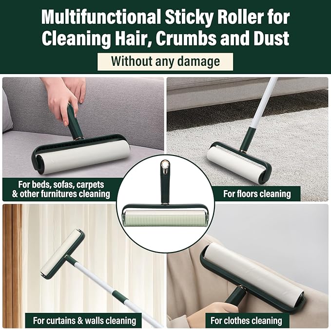 Large Lint Rollers for Pet Hair Extra Sticky, 9.45 in Giant Lint Roller Refill 360 Sheets Total,48 in Telescopic Pole to Clean Without Bending Down for Floor Cleaning Carpets,Clothes,Couch