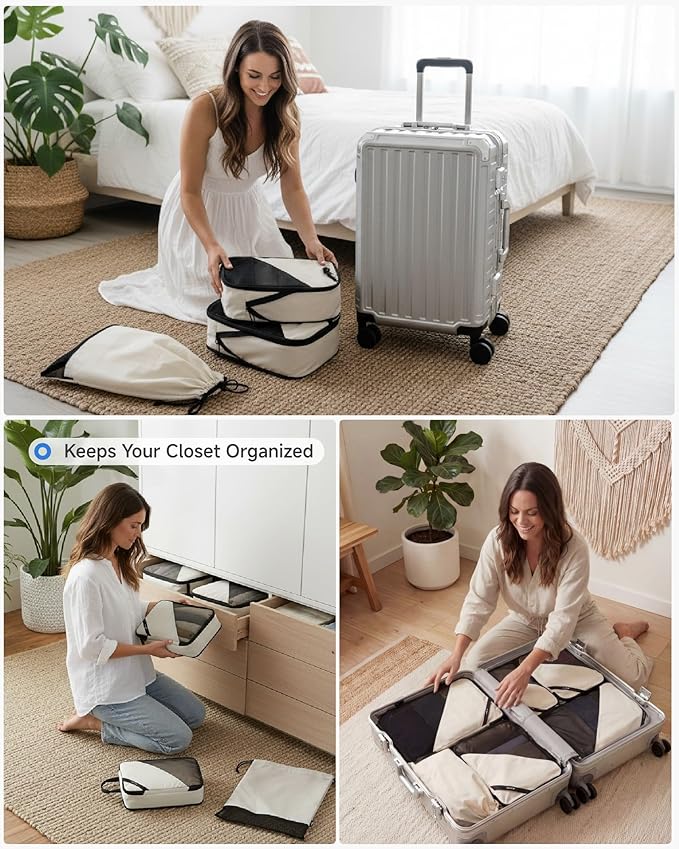 LUGGEX 6 Set Compression Packing Cubes for Travel, POX01 Luggage Organizers Bags, Suitcase Organizer with Shoe Bag Travel Accessories Essentials for Carry on & Checked (POX-Core, Beige)