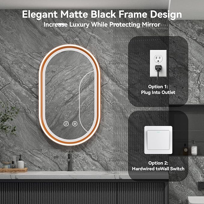 Led Bathroom Mirror with Lights, 20'' x 33'' Oval Heavy Duty Aluminum Frame Bathroom Vanity Mirror with Lights, 3 Colors, Brightness Stepless Dimmable, Anti-Fog, Memory Function, Double LED Orange
