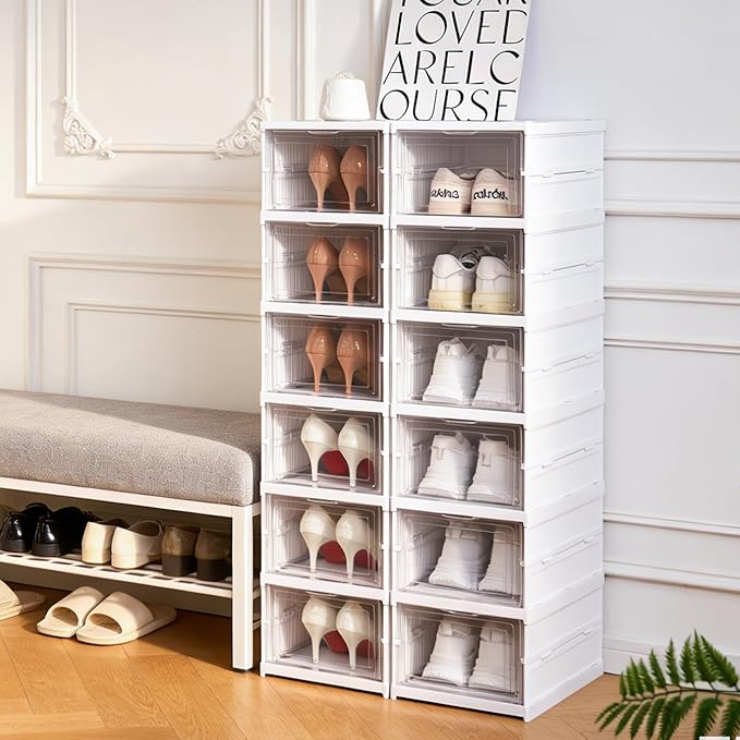 Shoe Storage Box, No-Assembly 6 Tiers Foldable Shoe Organizer with Clear Door, Space-saving Shoe Rack,Sturdy Clear Plastic Stackable Sneaker Container