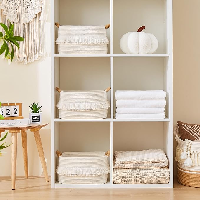 Storage Bins Woven Baskets for Storage Set of 3, Cotton Rope Basket with Handles for Toys/Shelves/Laundry, Rectangle Multi-Purpose Organizer for Living Room, Bedroom, Nursery (White)