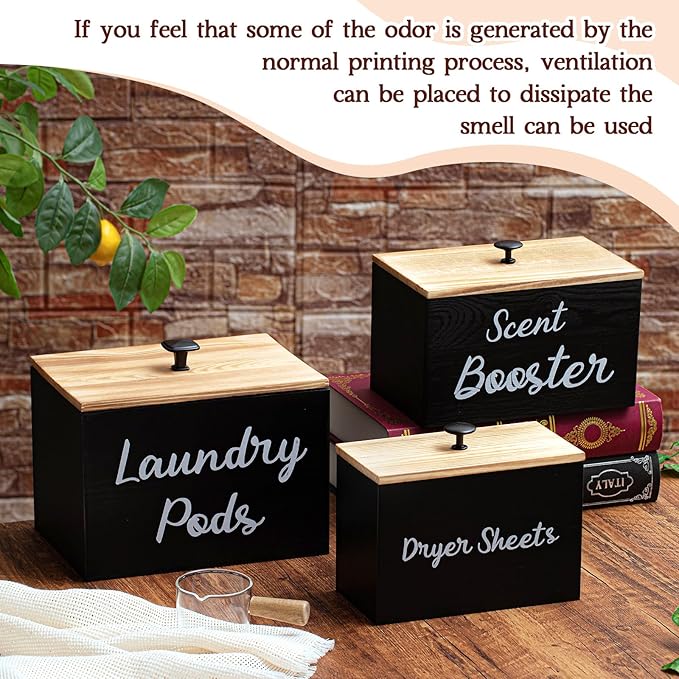 Dandat 3 Pcs Dryer Sheet Holder Laundry Pod Holder Scent Booster Container Set with Scoop Rustic Wood Dryer Sheet Container Laundry Beads Dispenser for Storage(Black)
