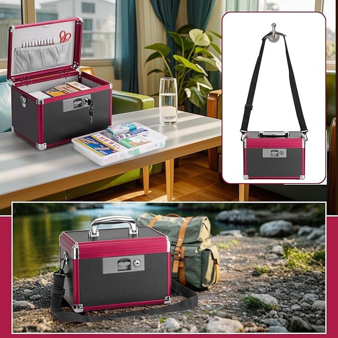 Medicine Lock Box for Safe Medication - 13.4 x 7.6 x 8.2 Inches - Lockable Storage Box for Drugs, First Aid Kit Empty, Lock Boxes with Key for Home/Outdoor (Black & Red/Large)