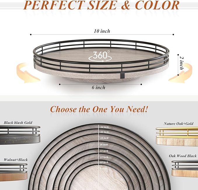 10" Oak Bathroom Vanity Tray Turntable for Perfume Candle, Round Wooden Decorative Tray for Kitchen Sink Countertop Organizer, Bathroom Counter Organizer for Skincare Makeup, Rustic Whitewased