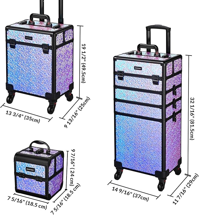 BYOOTIQUE Rolling Makeup Case on Wheels 3-Piece Lockable Cosmetology Organizer Kit Hair Tool Travel Bag for Lash Artist Nail Slon Beauty Studio Hairstylist Esthetician,Mermaid Purple