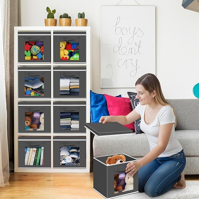 10 Pcs Fabric Storage Cube with Lid 11x11 Inch Fabric Storage Bins with Window Handle Collapsible Cube Organizer Basket for Shelves Closet Bedroom Office Clothes Book Stuffs (Dark Gray)