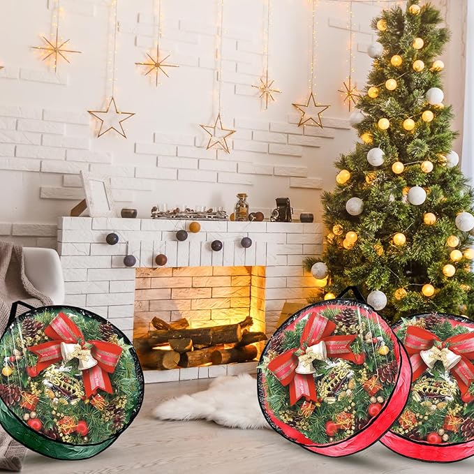 6 PCS Clear Wreath Storage Bag, 24x8 Inch Christmas Wreath Storage Container, PVC+PE Wreath Protector with Handle for Xmas Holiday Seasonal Wreath Garland (3 Green+3 Red)