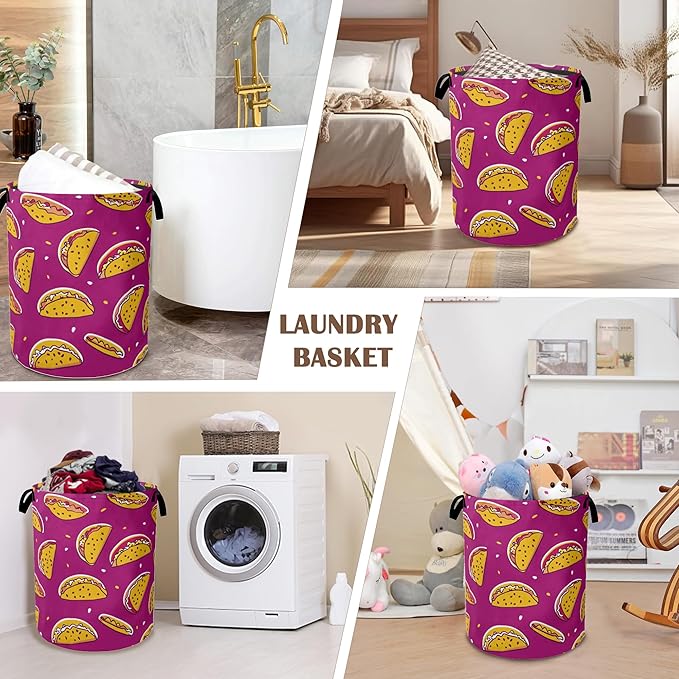 Cute Cartoon Taco Laundry Basket Foldable Laundry Hamper with Handles Oxford Cloth Storage Hamper for Clothes, Books, and Sundries16"x20.8"