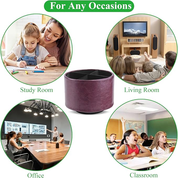 Hennaja Round Leather Art Supply Organizer,Remote Control Holder,360 Degree Spinning,Multi-Functional Pencil Holder,4 Compartments Desktop Stationary Organizer(1-Oil Brown)