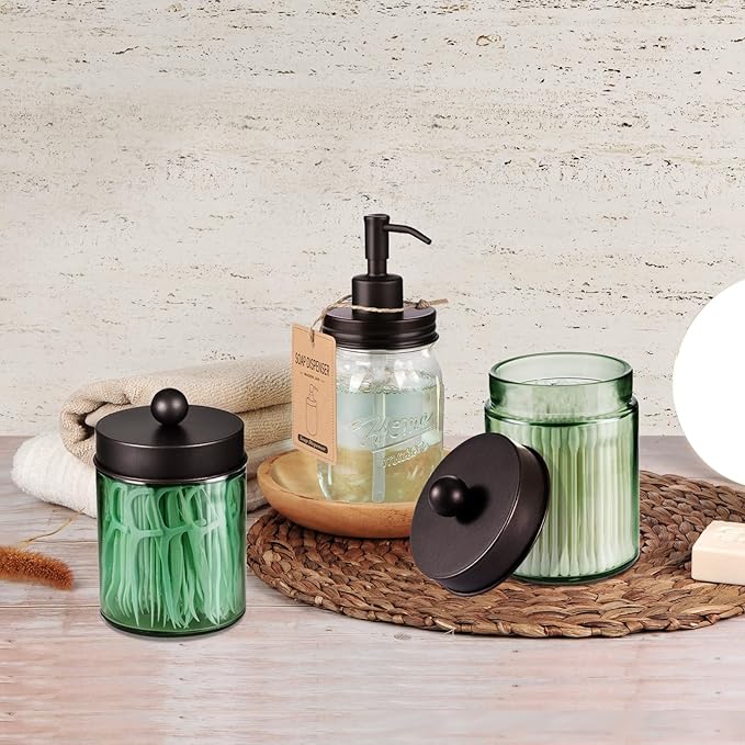 Amolliar Sage Green Qtip Holder, Glass ApothecaryJar Metal Lid & Stickers, Bathroom Qtip Holder Storage Canister, Farmhouse Decor for Cotton Balls, Swabs, Makeup Pads, Bath Salt, Floss, Bronze 2 Pack