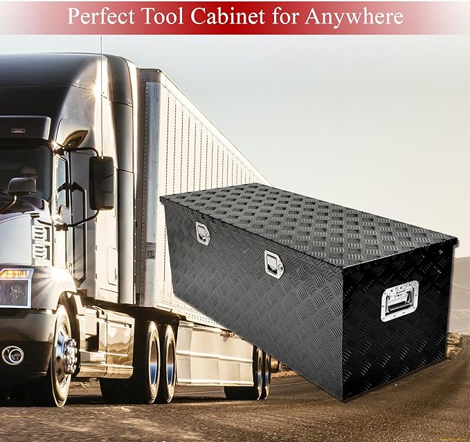 48''Inch Aluminum Truck Tool Box Truck Bed Toolbox Truck Trailer Chest Box Trailer Underbody Storage Organizer Waterproof Square Storage Organizer w/Lock & Keys Black(48" x19.5''x17.5'')