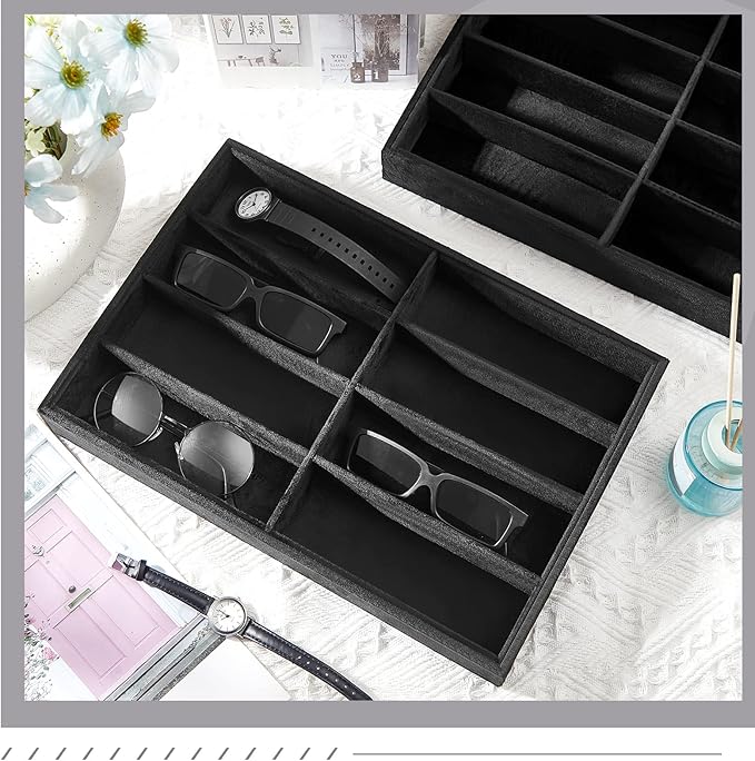 Amylove 2 Pcs Sunglass Organizer Trays Glasses Stackable Jewelry Trays Sunglass Organizer Display Box(8 Grids,Black)