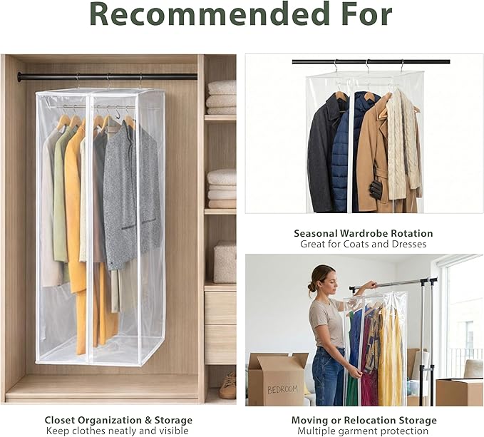 Garment Bag - Clear Hanging Closet Organizer - Durable Zippered Cover with Rod Protects Dresses, Suits, and Jackets from Dust and Moist- Top Metal Frame to Keep All Your Stuff in Shape- 60" x 20" x 15