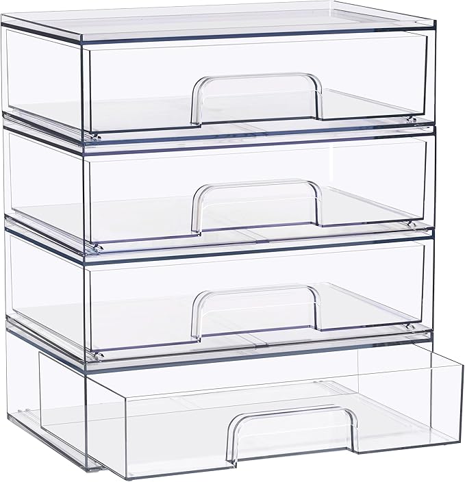 Sorbus Wide Stackable Acrylic Storage Drawers, 4 Pack Clear Plastic Organizer Bins for Baby Bottles, Makeup, Bathroom, Vanity &Countertop Organization, Pull-Out Drawer Design for Cabinets & Pantry