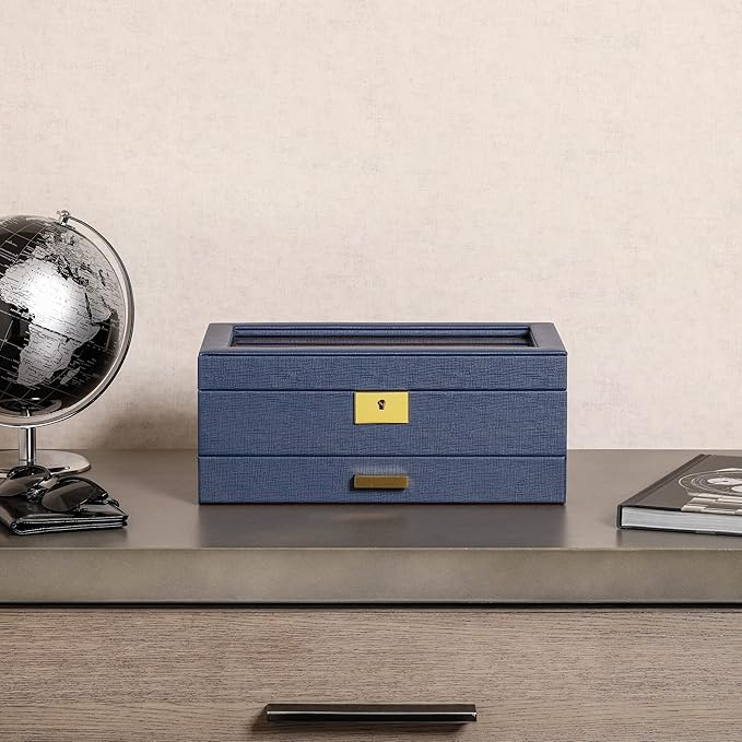 ROTHWELL 10-Slot Watch Box in Leather with Valet Drawer, Luxury Watch Case Display Organizer with Ultra Soft Microsuede Liner, Jewelry and Sunglass Holder With Large Glass top (Blue/Tan)