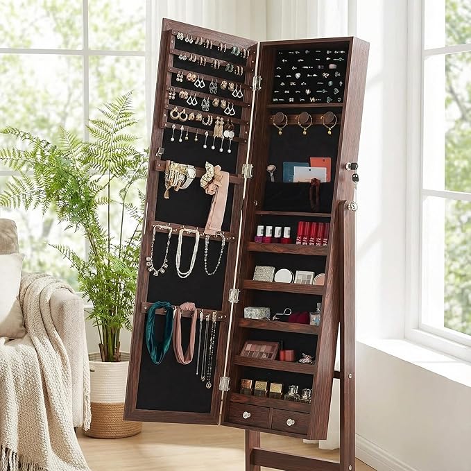 Large Jewelry Armoire with Full-Length Mirror - 47.3" Lockable Storage Cabinet, Velvet Lining, 5 Shelves, 3 Adjustable Angles & Accessory Pouch (Brown)