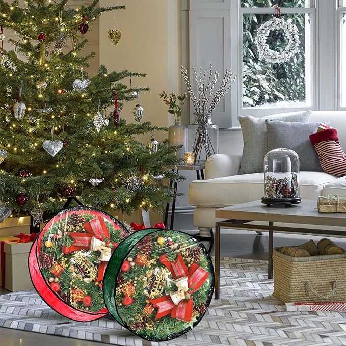 6 Pcs Christmas Wreath Storage Bag, 24" Dia Round Wreath Storage Container with Clear Window, Tear Resistant Wreath Boxes for Christmas Holiday Seasonal Storage (Red×3 & Green×3)