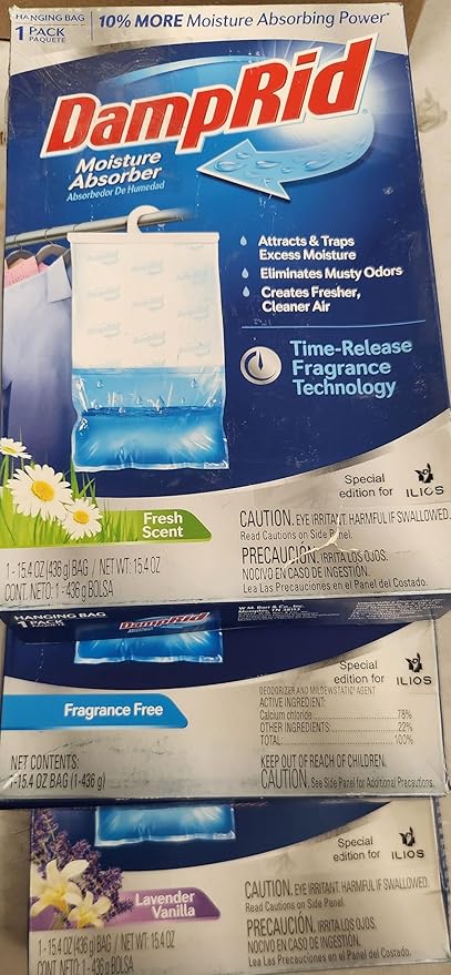 Damp Rid Hanging Bag Moisture Absorbers - 3 Packs of 3-15.4oz (Pure Linen, Lavender Vanilla, Fresh Scent) - Closet Deodorizer Odor Eliminator, 10% More Moisture Absorbing Power - Ilios Packaging