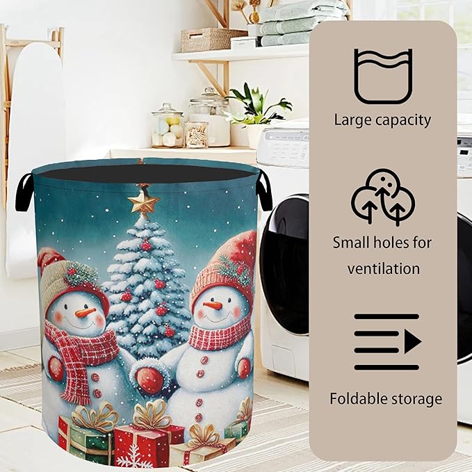 Cute Winter Snowman Laundry Basket - Heavy Duty 60L Dirty Clothes Organizer, Water Resistant Foldable Hamper for Men Women