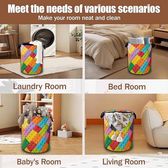 Colorful Building Blocks Laundry Basket,Waterproof Foldable Laundry Hamper,Dirty Clothes Baskets, Linen Bin Storage Organizer Collection 16" x 20.8"