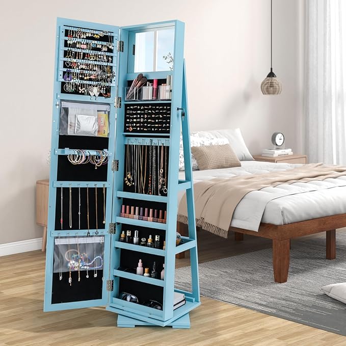 CHARMAID 360° Swivel Jewelry Armoire with Full Length Mirror, Standing Lockable Jewelry Cabinet Organizer, Large Storage Capacity, Inside Makeup Mirror, Back Storage Shelves (Sky Blue)
