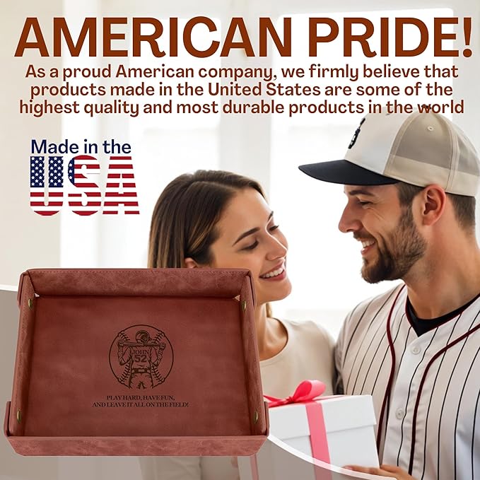 Personalized Baseball Valet Tray – Engraved PU Leather Catchall in Light Coffee – Custom Name Nightstand Organizer for Keys, Wallet, Jewelry, and Essentials – Unique Gift for Baseball Fans