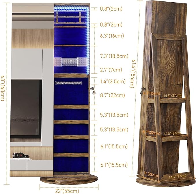 LVSOMT 360° Rotating Full Length Mirror Jewelry Cabinet with Sliding Door, LED Lighted Lockable Jewelry Armoire Organizer, Space-Saving Standing Mirror Storage for Bedroom Dressing Room (Retro Brown)