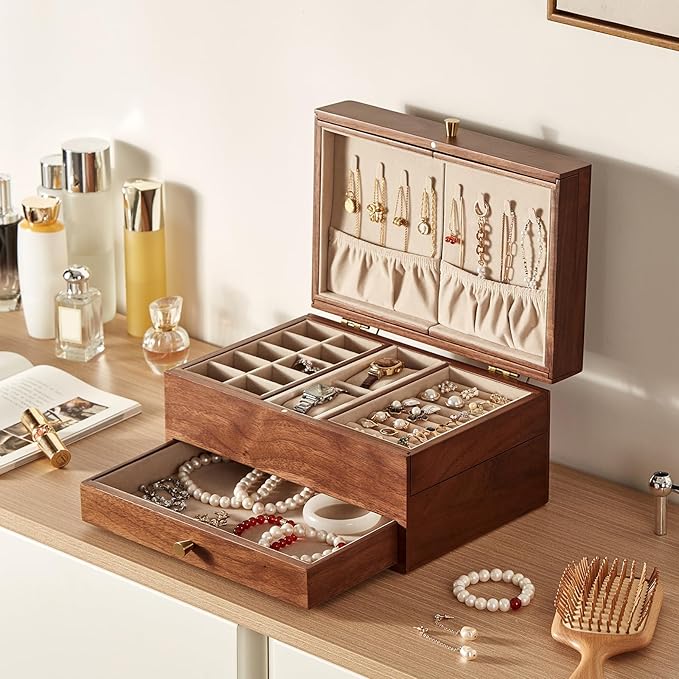 Wooden Jewelry Box for Women, 3 Level Multi-functional Drawers Black Walnut Jewelry Organizer Box, Watch, Necklace, Ring, Earring Storage Valentine's Day Gifts(With Mirror B)