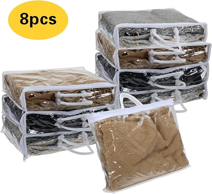 8 Pcs Zippered Storage Bags Clear Sweater Storage Bag PVC Plastic Storage Bags for Blankets Clothes Closet Quilt Pillow Bed Sheet Organizer with Zipper Cube Organizer (15 x 12 x 3.15 Inch)