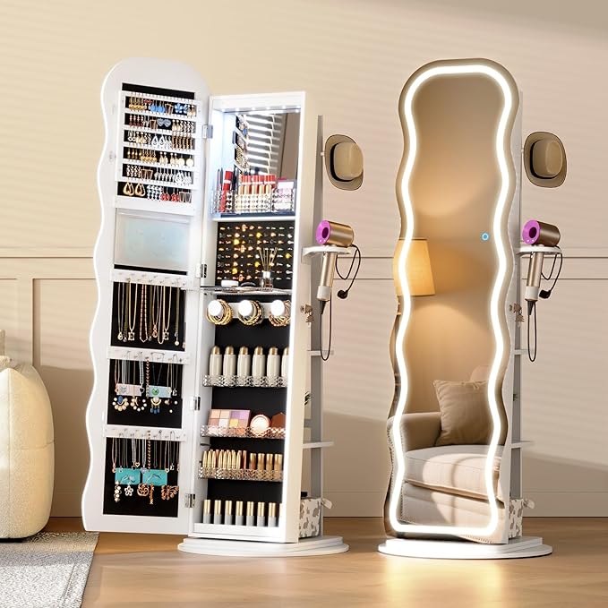 Vlsrka LED Mirror Jewelry Cabinet Standing, 360° Swivel Jewelry Aromire Organizer with Wavy Mirror, Lockable Jewelry Mirror with Storage, Jewelry Cabinet, Interior Mirror, Flodable Shelf, White